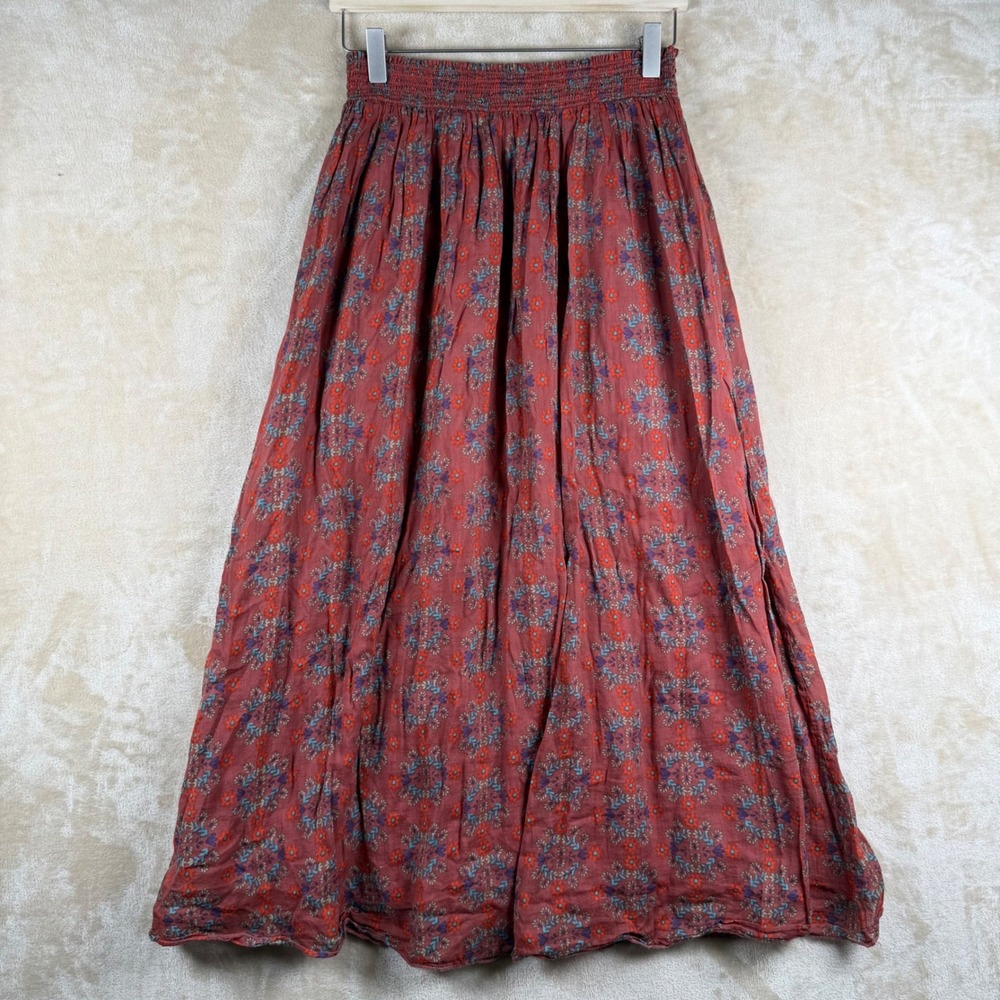 Natural Life L/XL Red Floral Cotton Gauze Smocked Maxi Skirt Boho Cottagecore